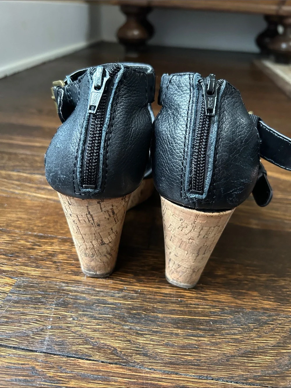 Women's Nine West Black Leather Open-Toe Wedge Sandals